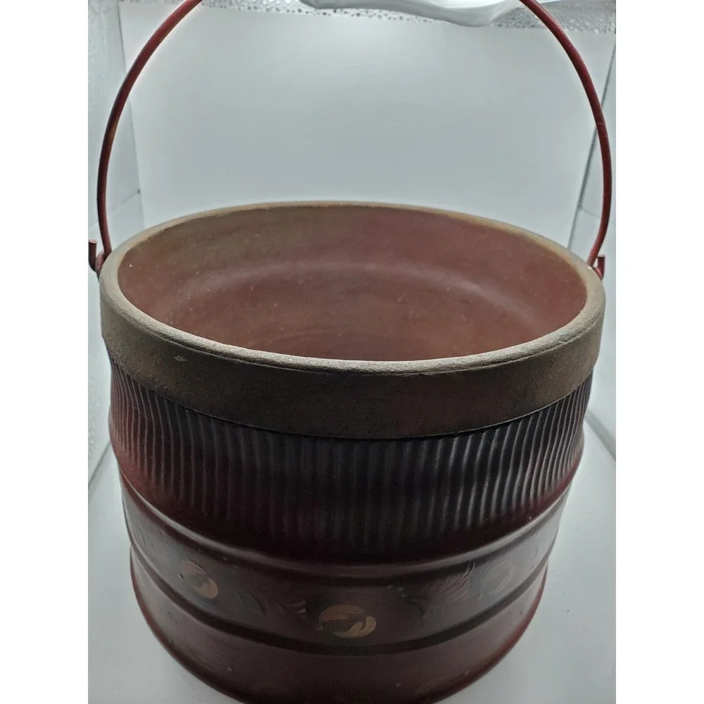 Antique Primitive Tole Painted Red Metal 'Fire Proof' Bucket RARE Unusual